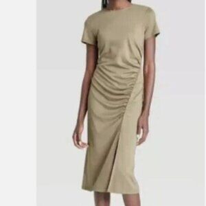 NWT A New Day Women's Short Sleeve Side Ruched Knit Flowy Dress - Olive